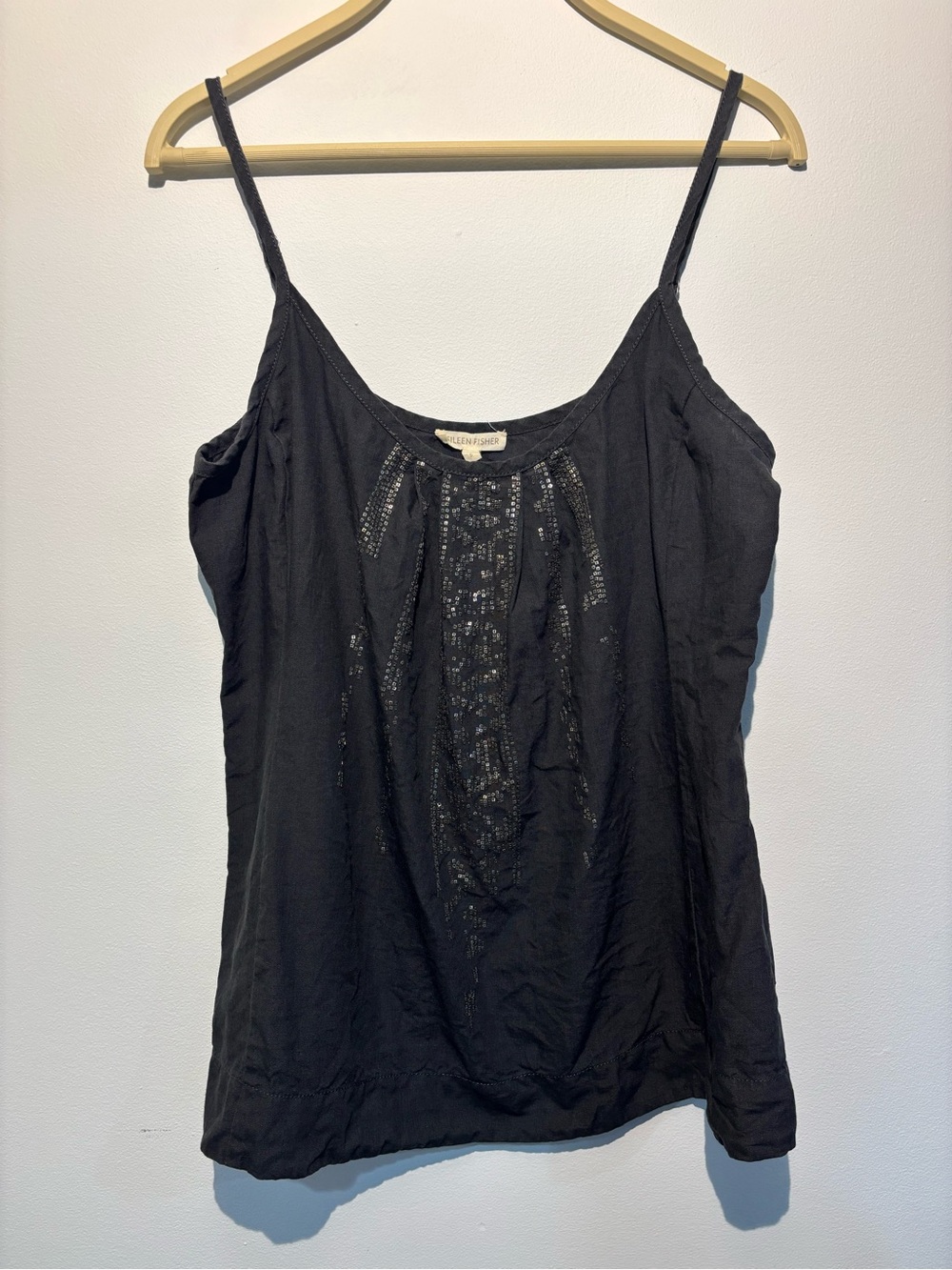 Eileen Fisher Sequin Spaghetti Strap Camisole Size Small Linen Tank Top Grey